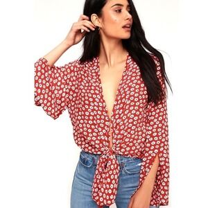 Faithfull the Brand Teguise Plunging Tie-Front Top Orange Daisy Floral Wrap 6 M